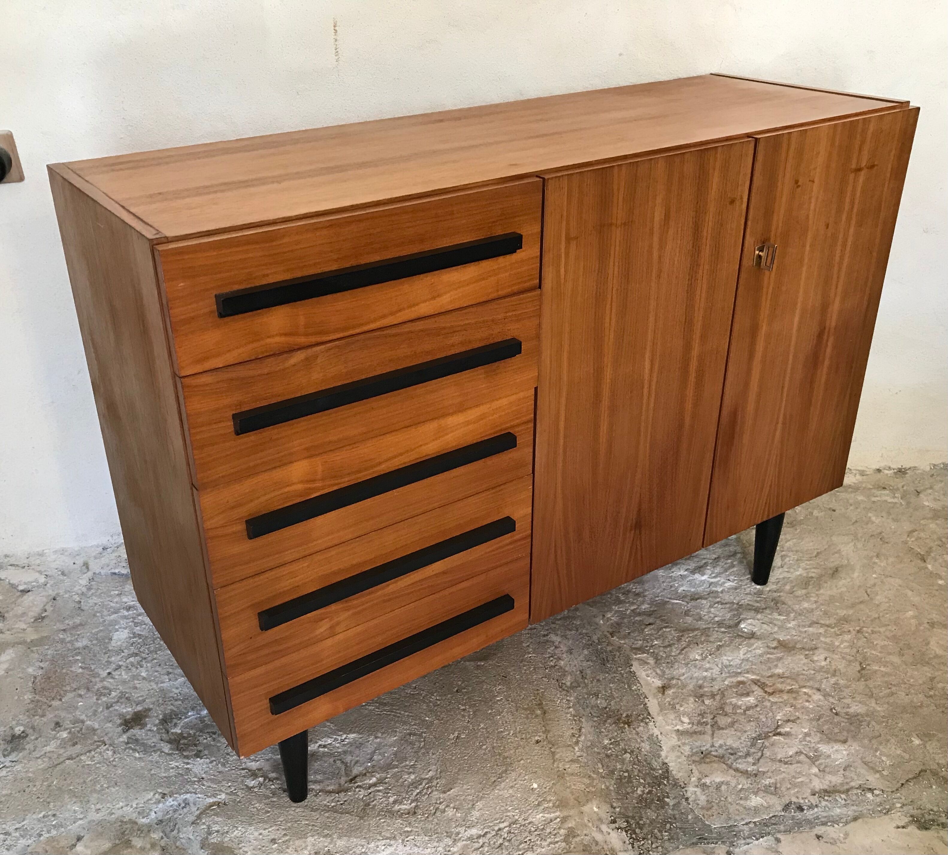Vintage storage cabinet 1960's 5 drawers 2 doors
