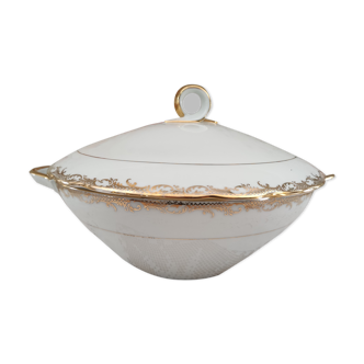 White porcelain soup tureen evor france frieze golden braces