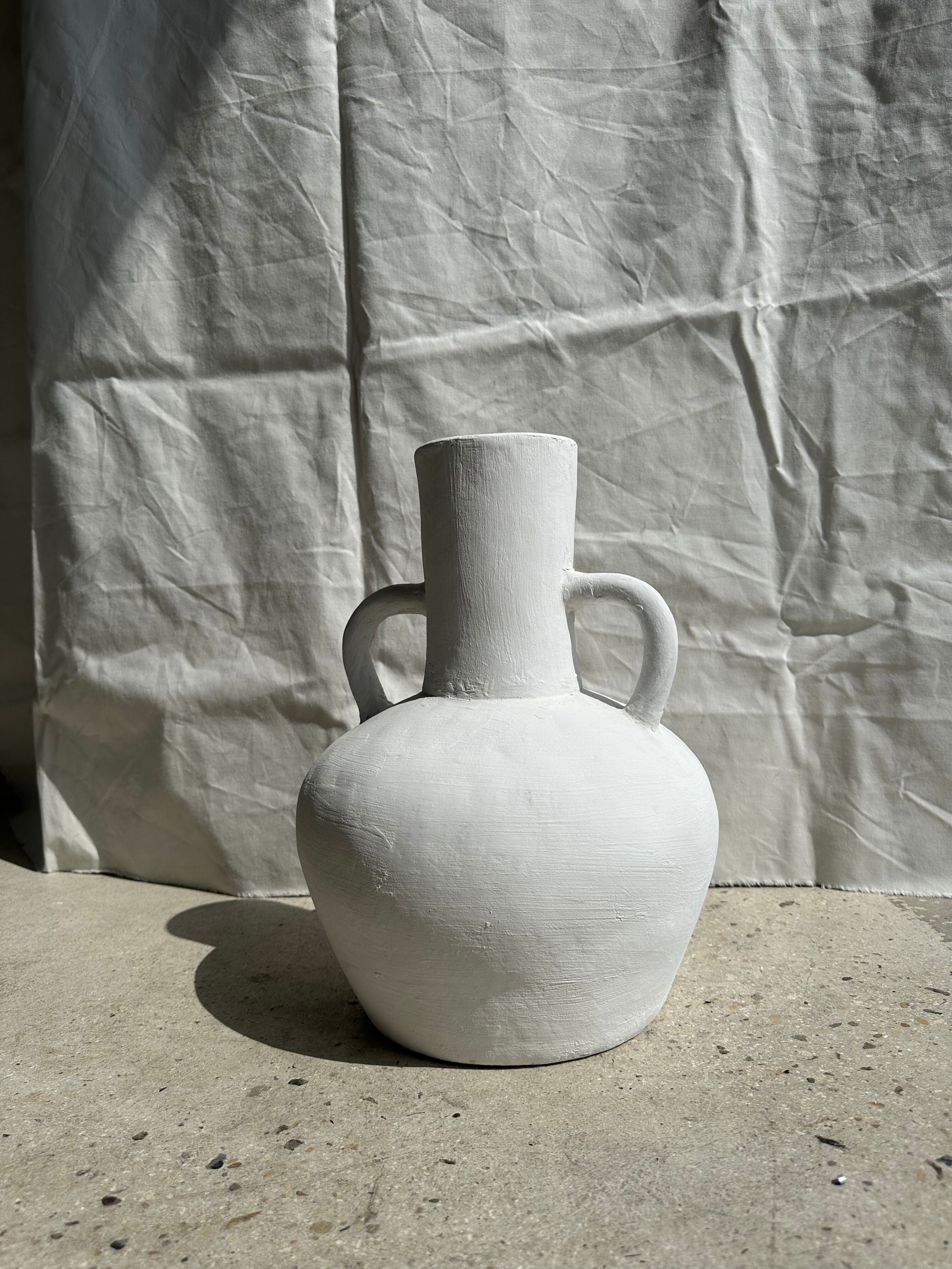 Handcrafted terracotta vase painted white with double handles h:40 d:30