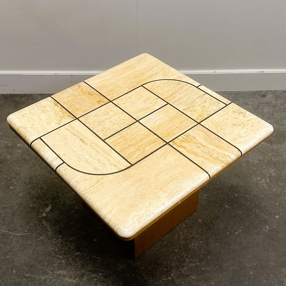 Graphic travertine tile coffee table on oak base, 1970s