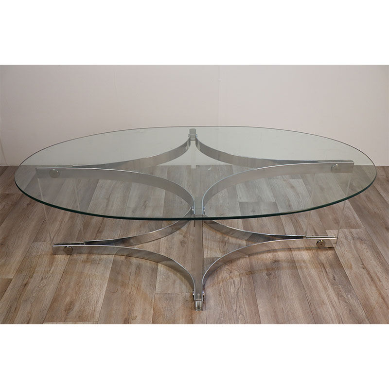 Table basse vintage en verre et métal chromé 1970