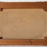 Mountain landscape painting, people and lake.