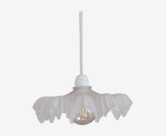 Suspension lustre luminaire vintage en verre givré blanc, vintage français