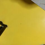 Mid-century tripod floor lamp with 3 lights and a yellow shelf.