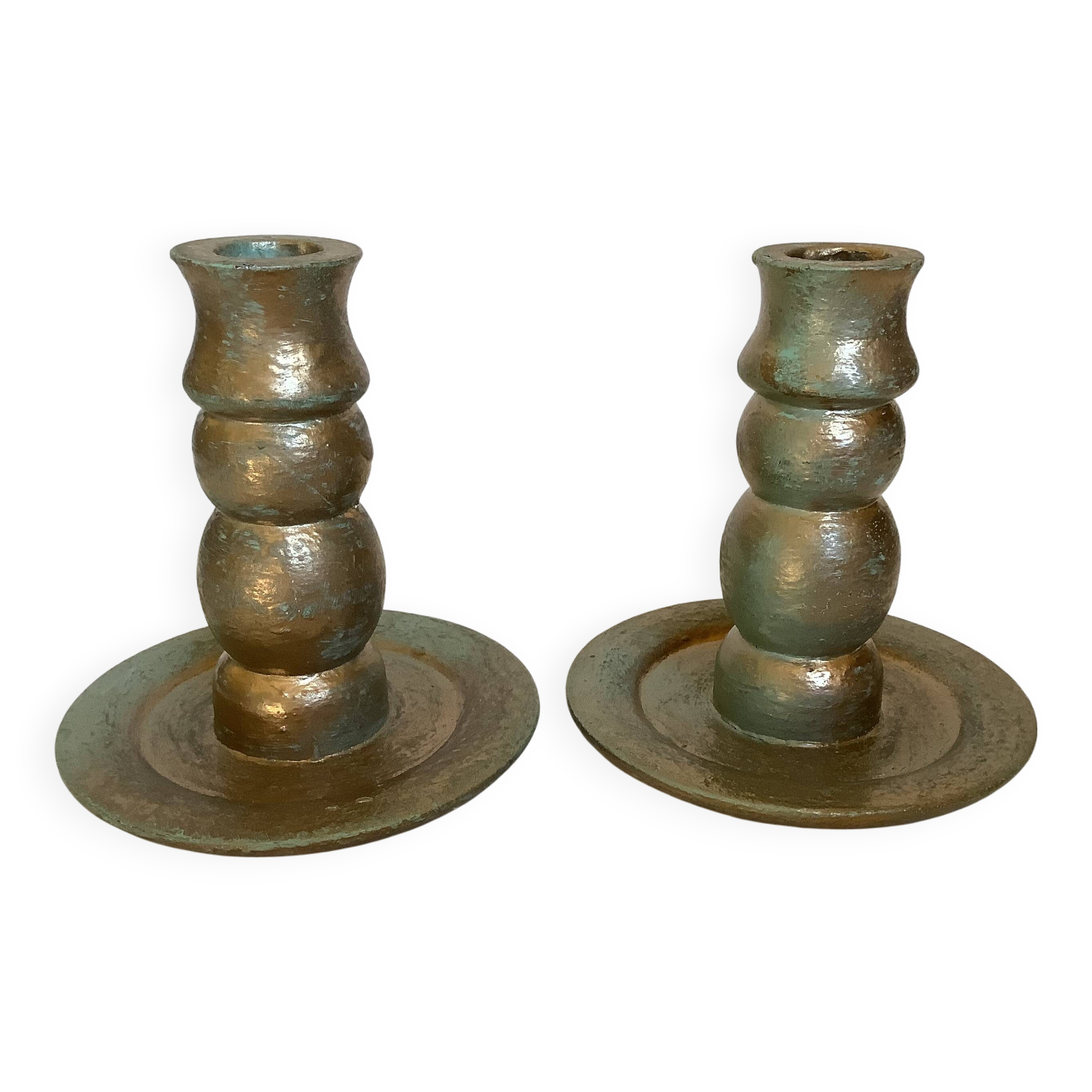 Pair of green and gold wooden candlesticks