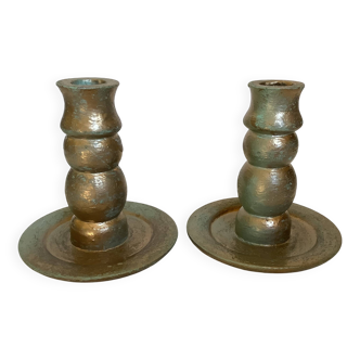 Duo de bougeoirs en bois vert doré