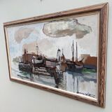 Mid-Century Modern "Out at Sea" Swedish Vintage Coastal Landscape Oil Painting, Framed