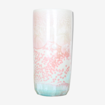 Vase ou pot à crayons en céramique émaux cristallins bleus roses