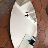 Bevelled art deco oval mirror mounted on wood with vertical or horizontal original chain 38x68cm