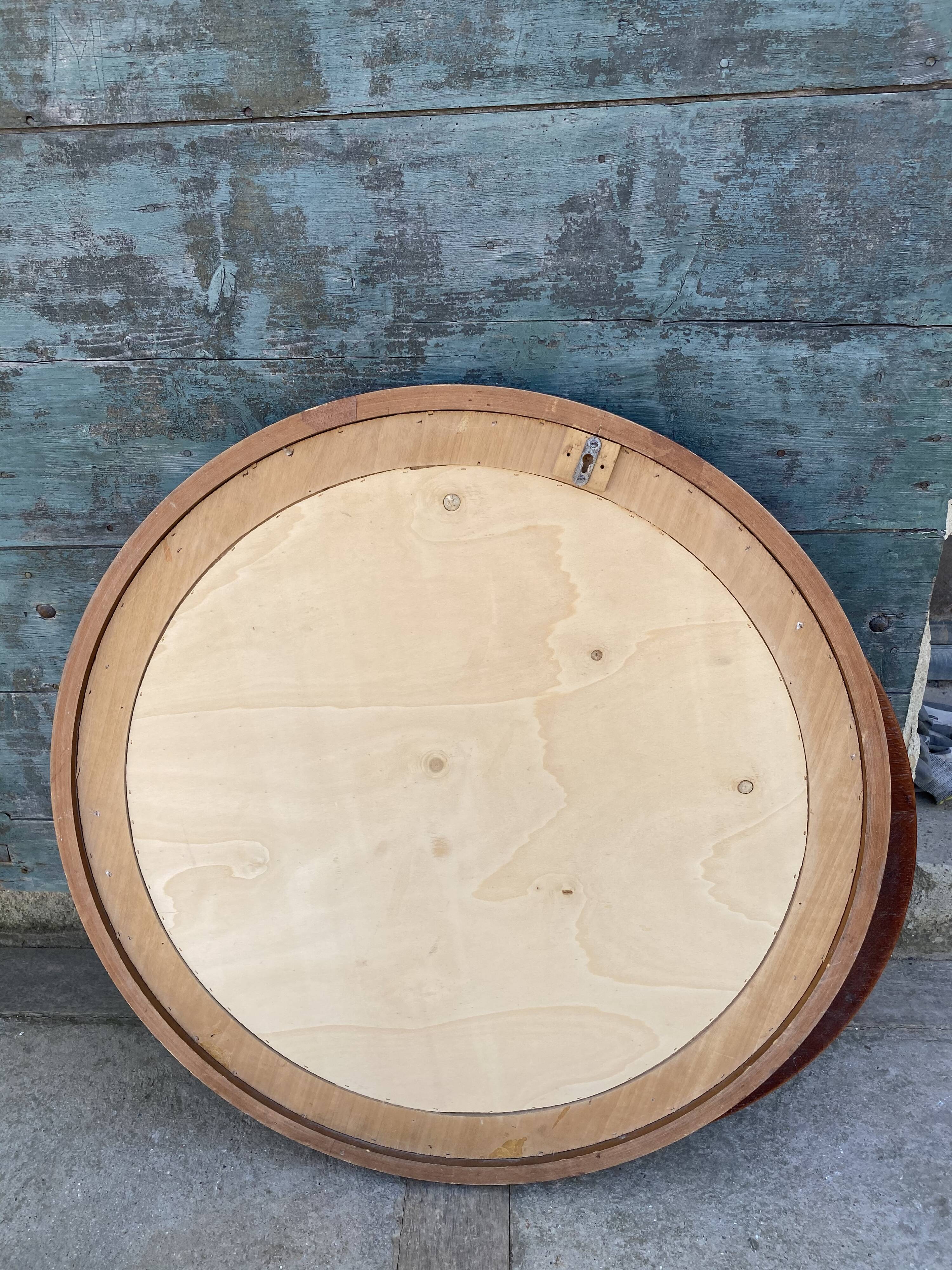 1970 wood and leather 86cm round mirror design