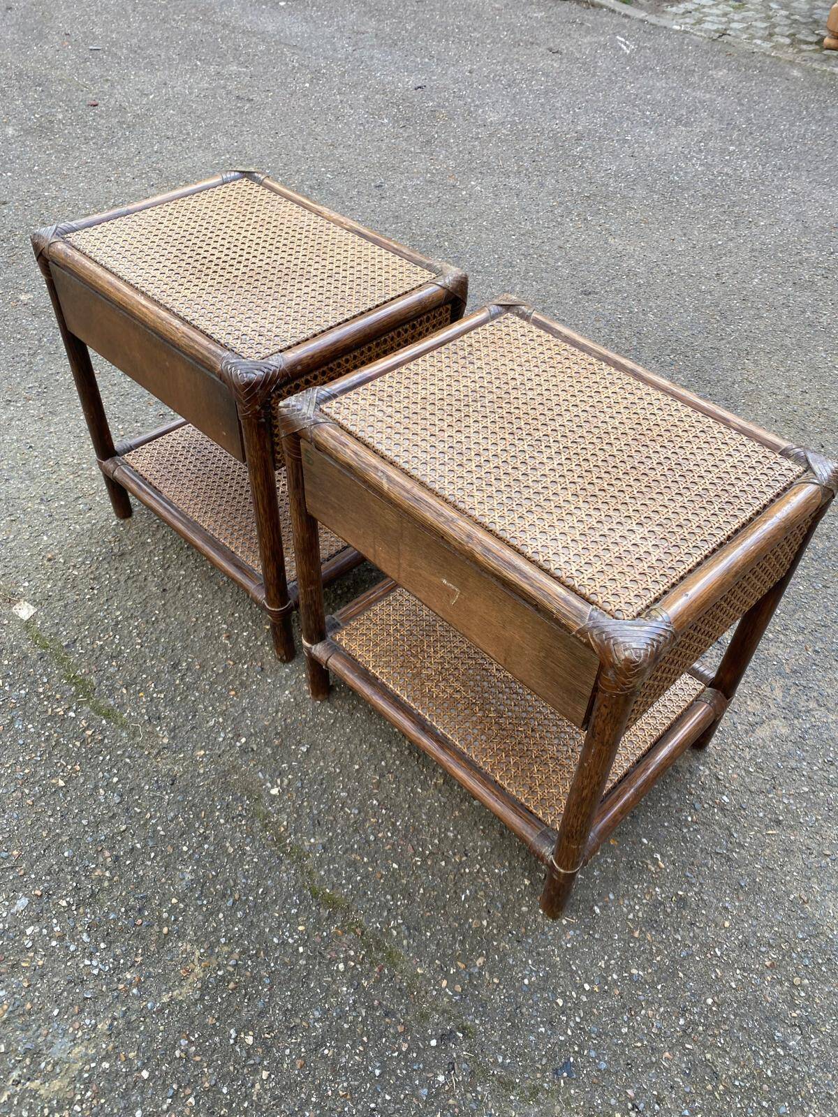 Pair of vintage bedside tables in rattan and caned wicker.