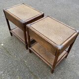 Pair of vintage bedside tables in rattan and caned wicker.