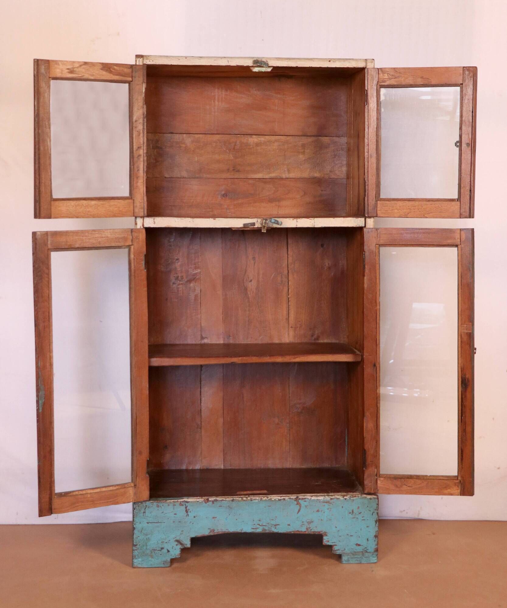 Old art deco showcase in original turquoise-white patina burmese teak