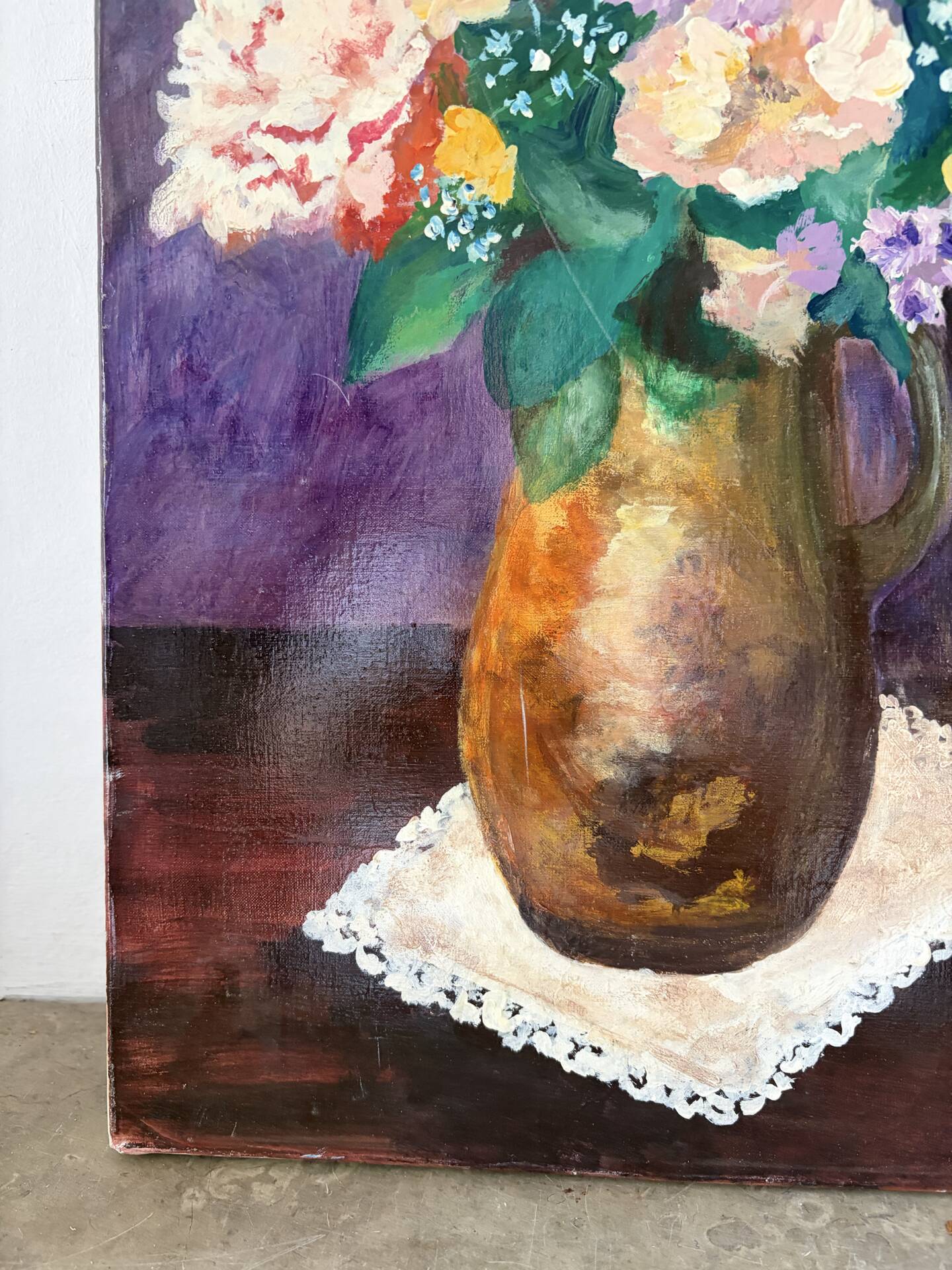 Fleurs champêtres et fruits, nature morte signée 1996