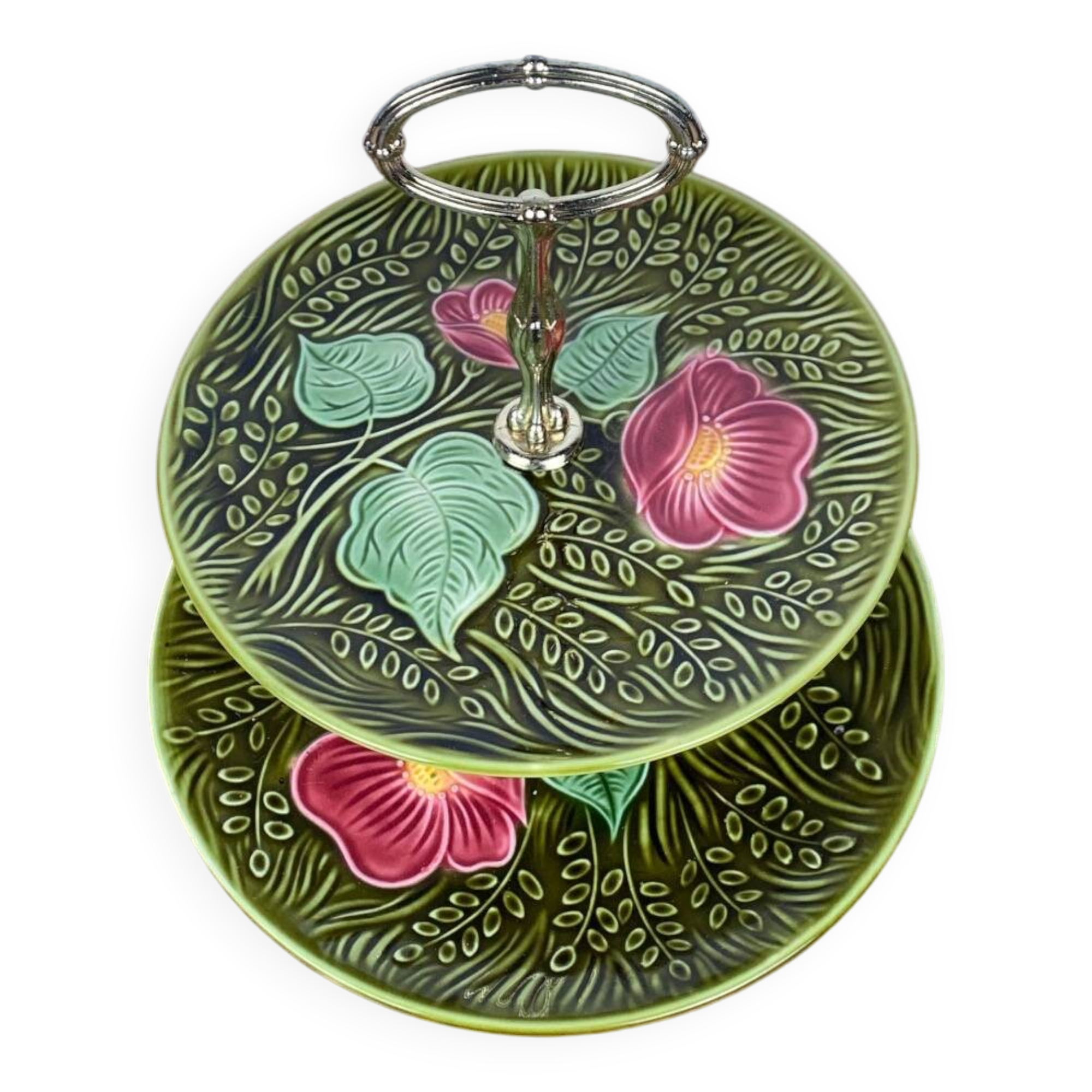 2-tiered majolica server/tray, Sarreguemines, early 20th century