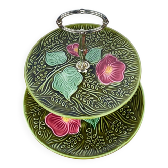 2-tiered majolica server/tray, Sarreguemines, early 20th century