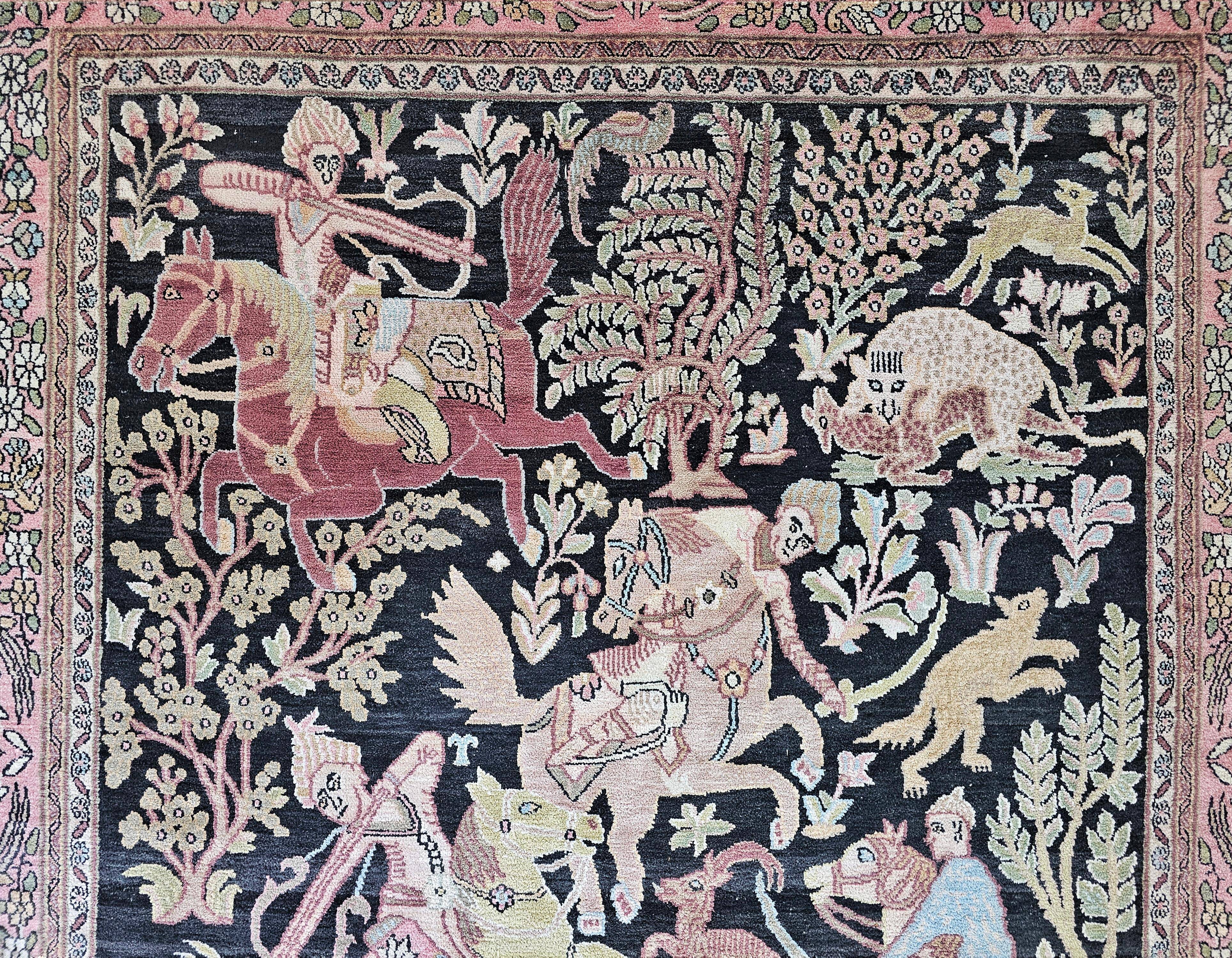 Tapis en soie Qom (soie sur coton) scène de chasse Cachemire 1950s