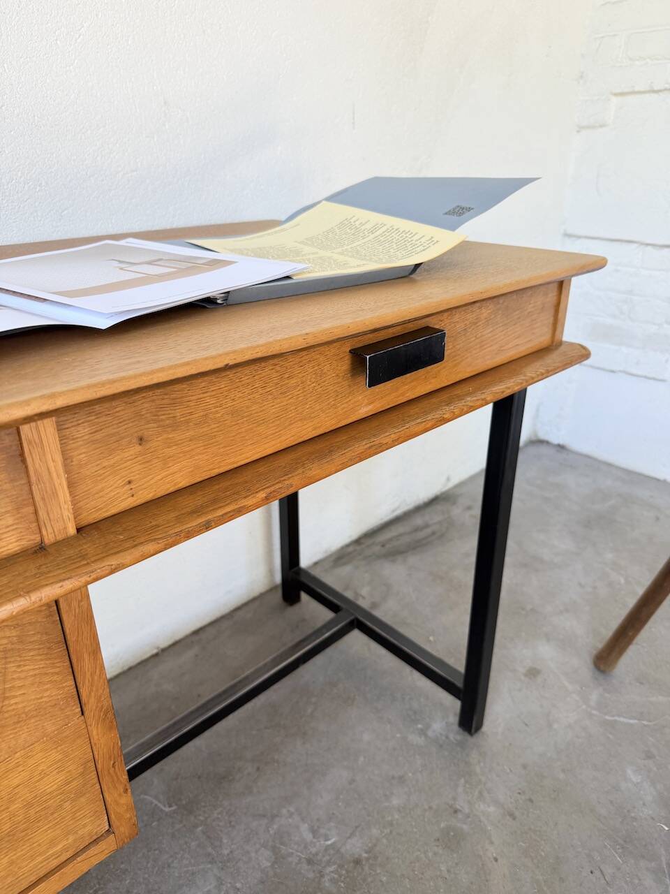 Modernist 50s oak metal desk