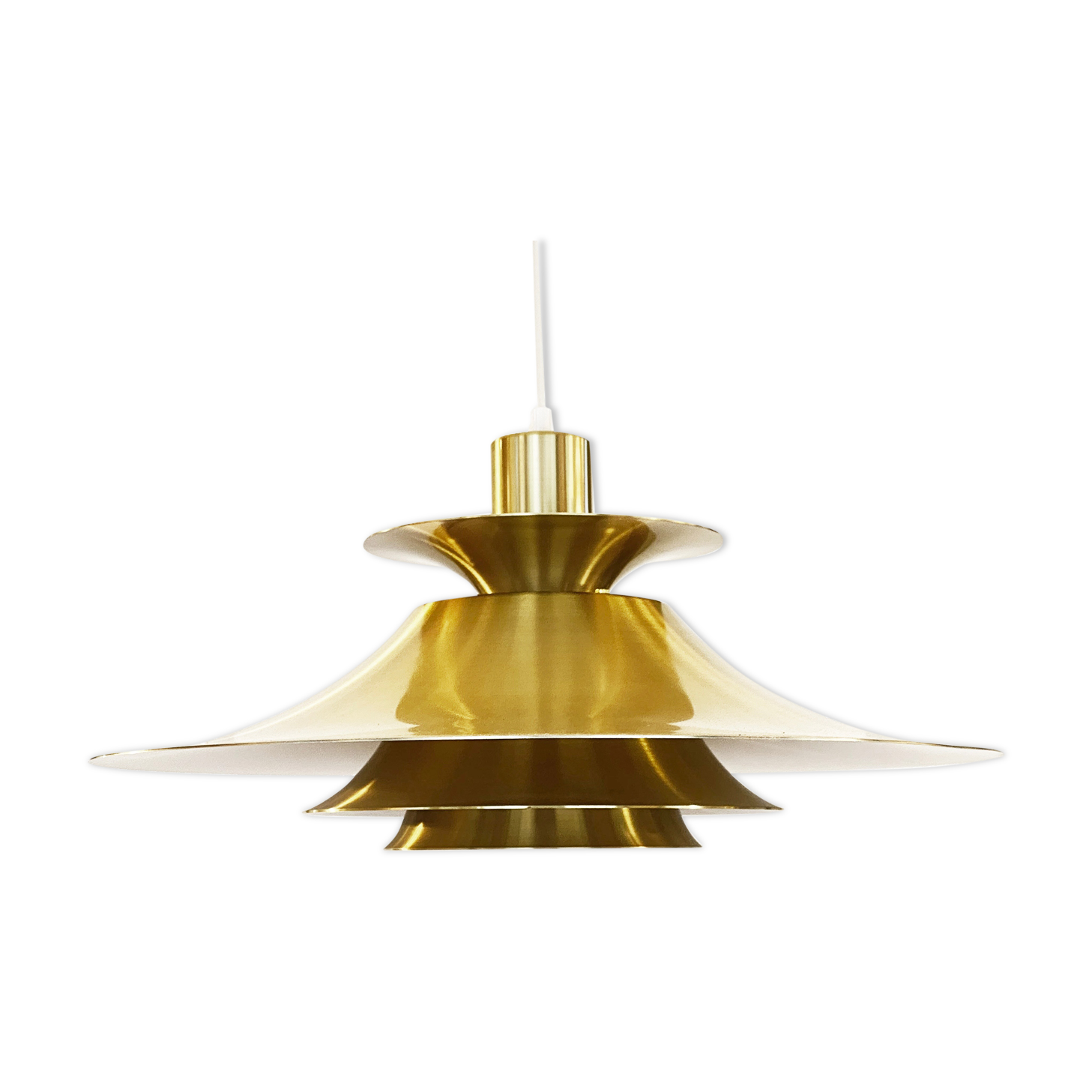 Golden colored aluminum pendant light from Frandsen Lighting. Denmark 1970s