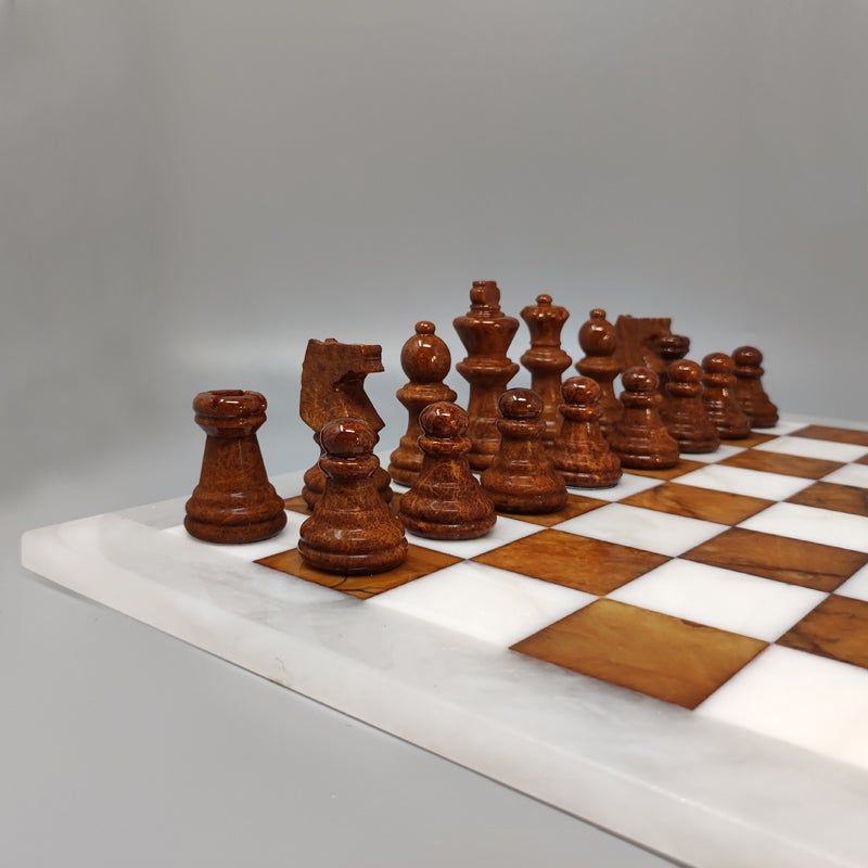 1970s Brown and White Chess Set in Volterra Alabaster Handmade Made in Italy