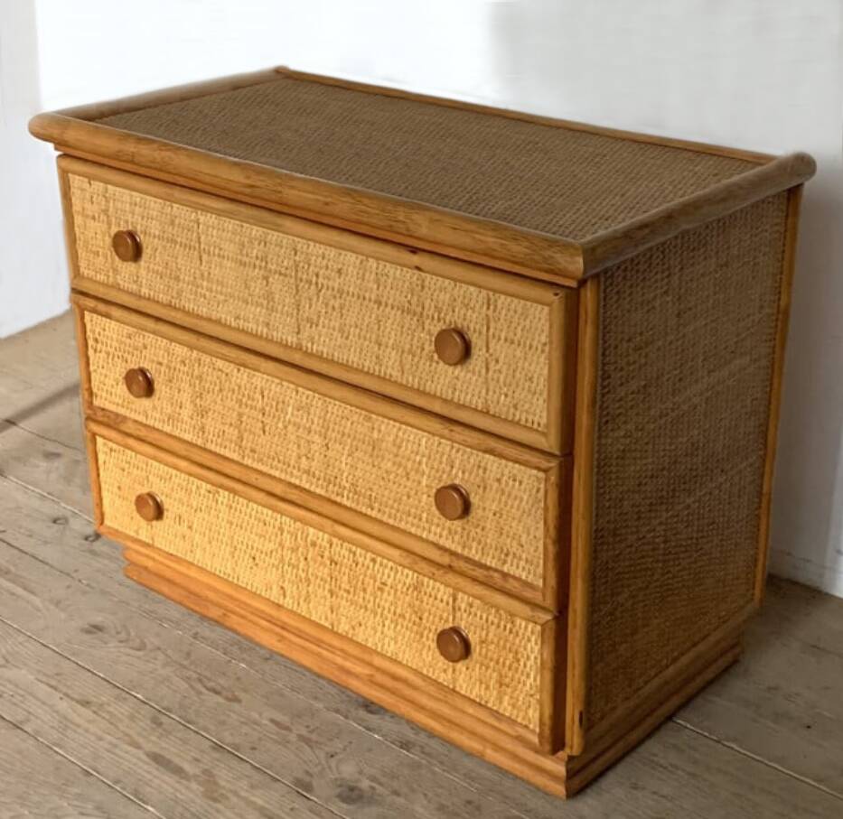 Maugrion chest of drawers for Roche Bobois, wood and rattan, 1980s