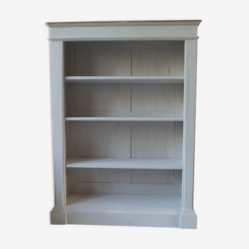 Old patinated pearl gray library, wooden top, composed of 3 adjustable shelves.