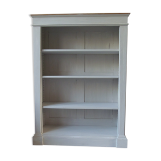 Old patinated pearl gray library, wooden top, composed of 3 adjustable shelves.