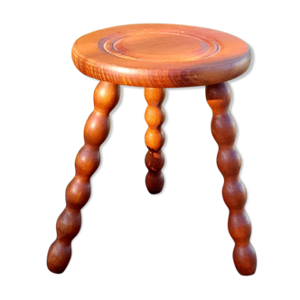 Tripod stool in solid wood, abacus feet, around 70's