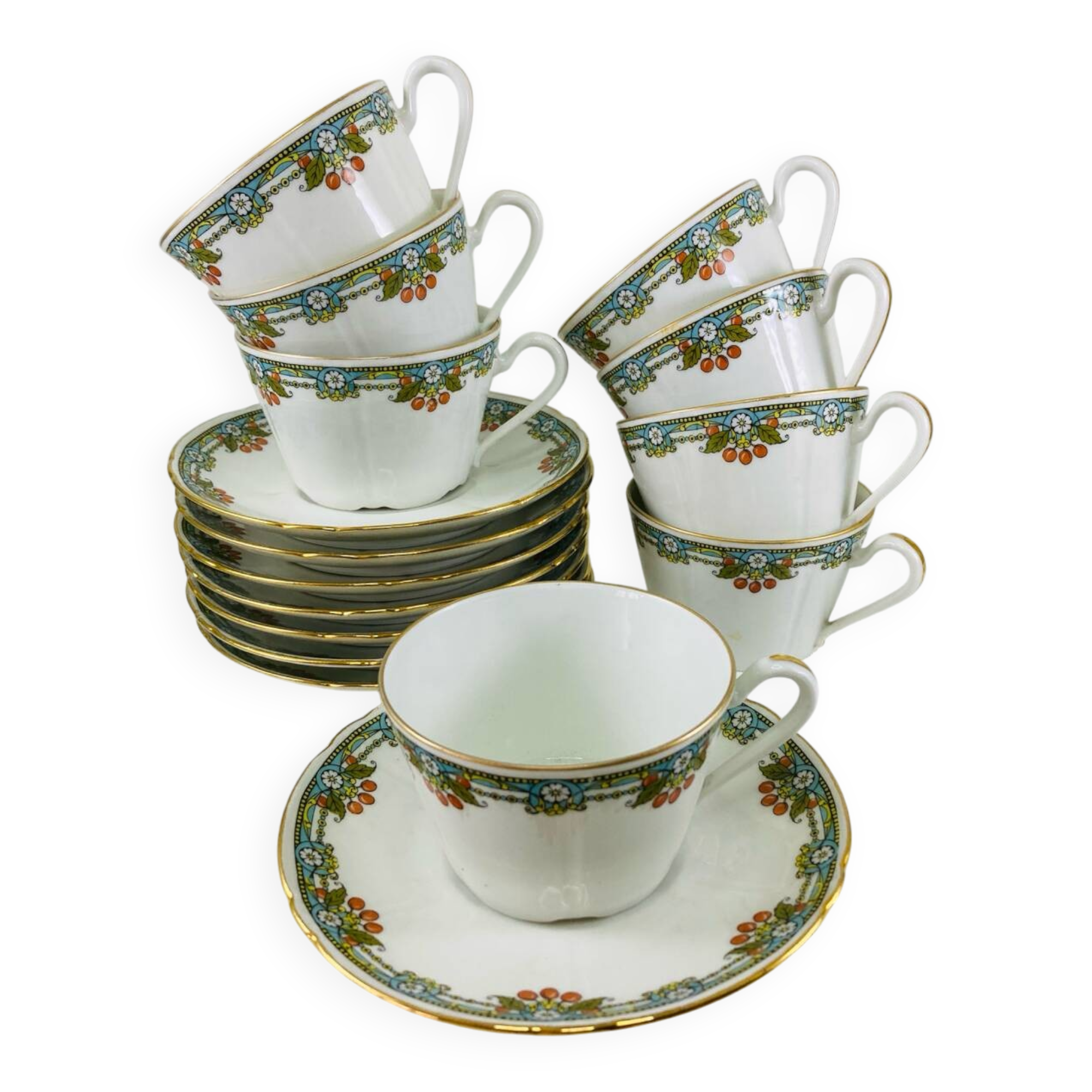 8 Balleroy & Cie Cherry Pattern Tea Cups and Saucers