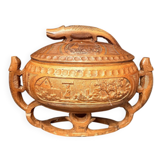 Ancient Box Casserole Soup Tureen Carved Dish Wood Lizard Asia Oceania
