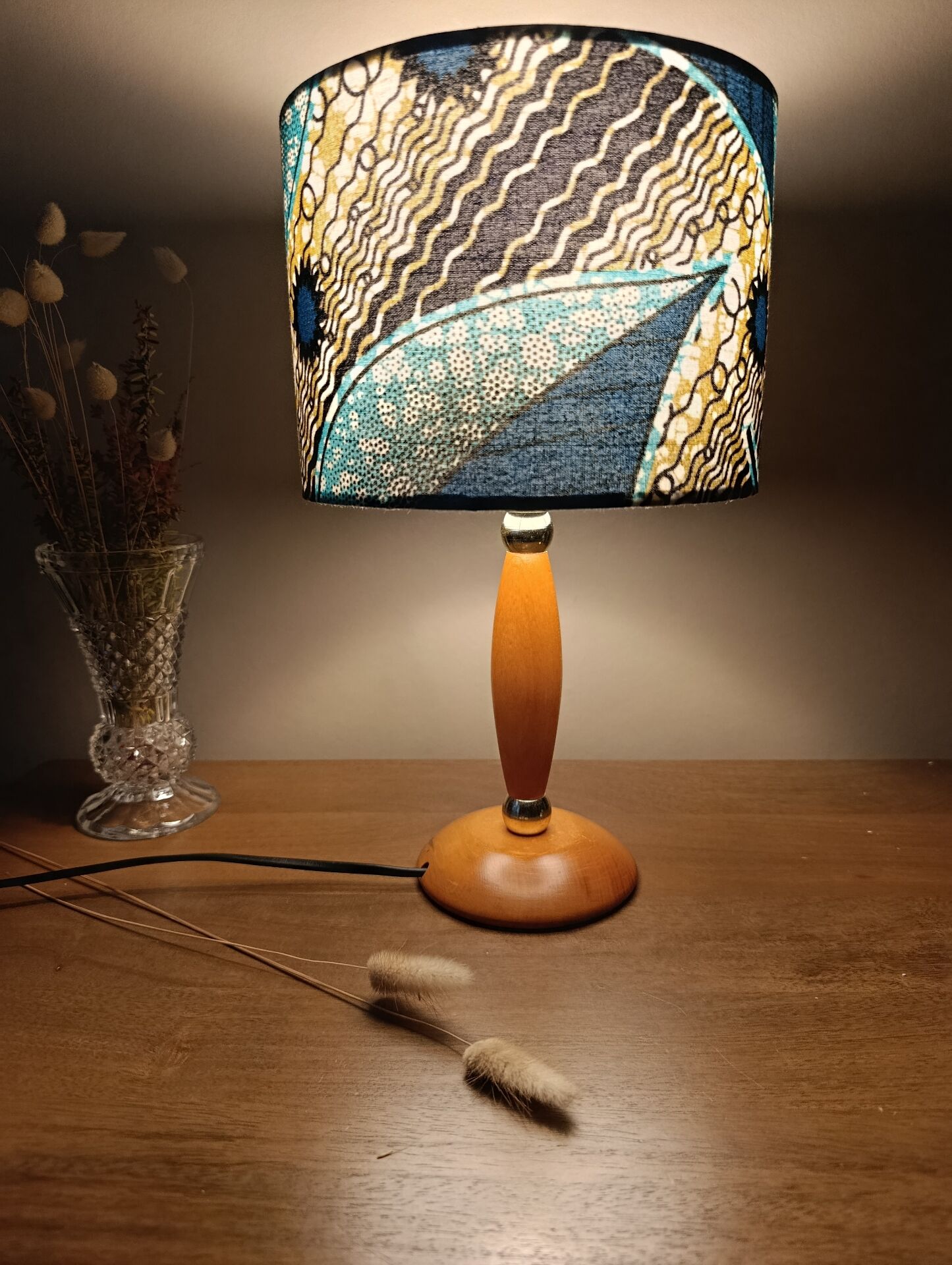 Mid-century wooden table lamp, blue wax lampshade.