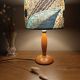 Mid-century wooden table lamp, blue wax lampshade.
