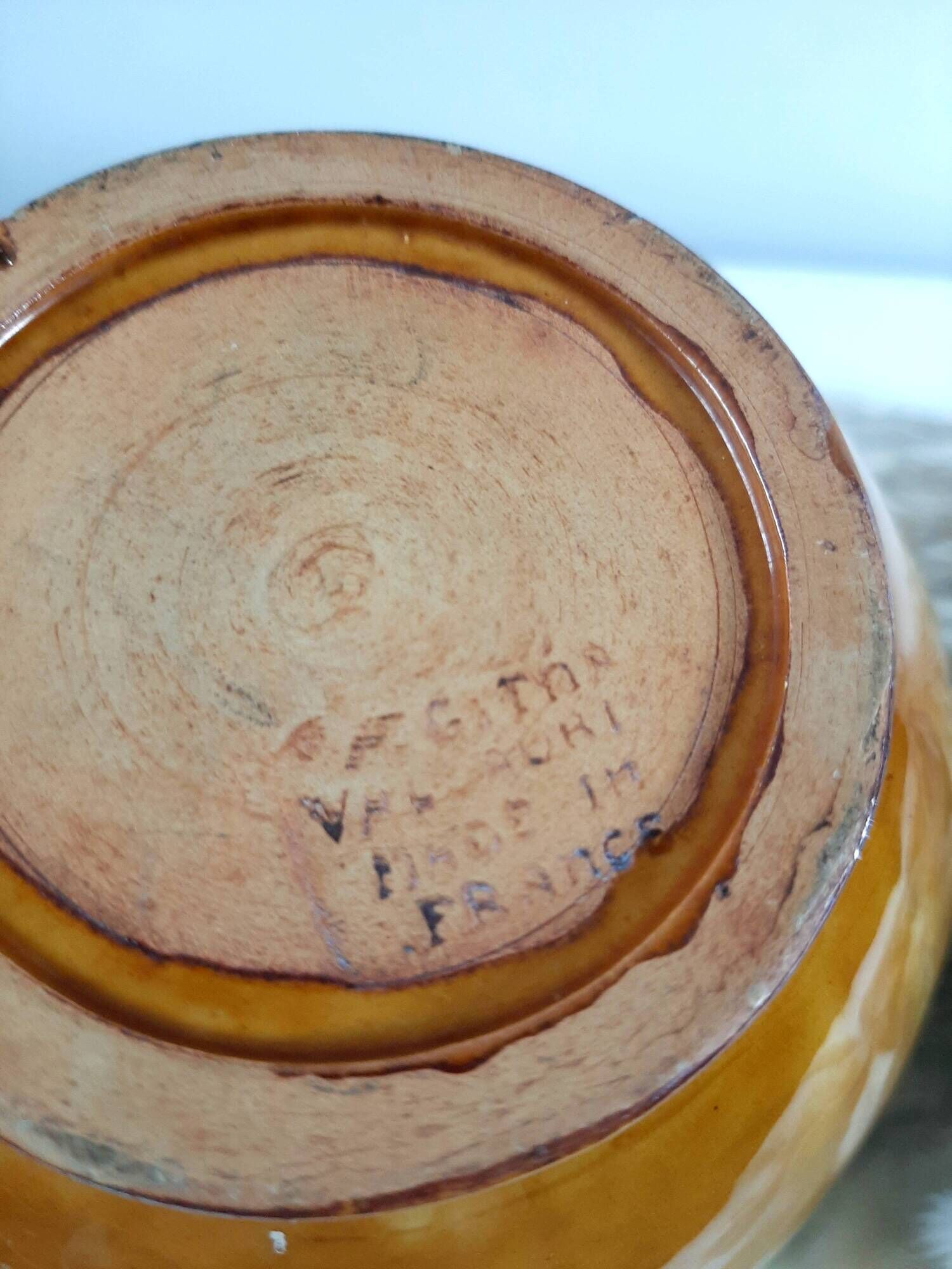 Aetgina vase Vallauris vintage in ochre and blue glazed ceramic.