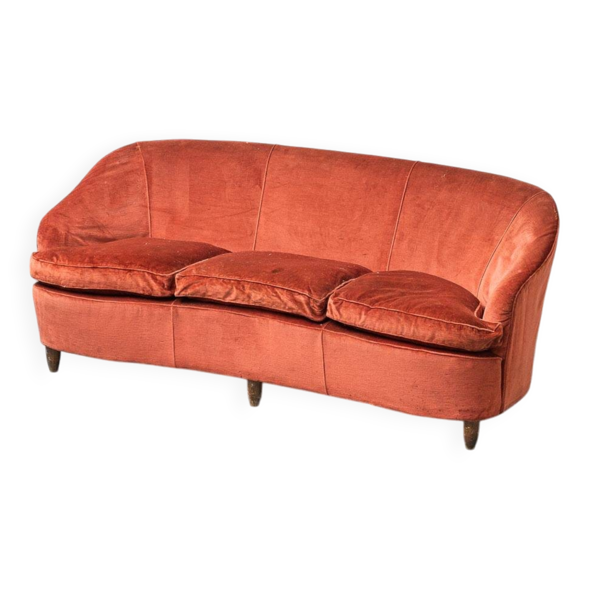 Divano 3 posti en velluto arancione anni '50 vintage modernariato