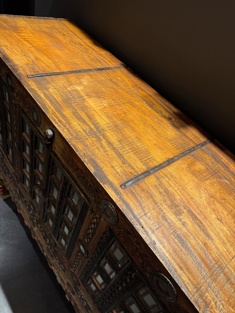 Antique wedding furniture from Rajasthan in carved wood, with inlays.