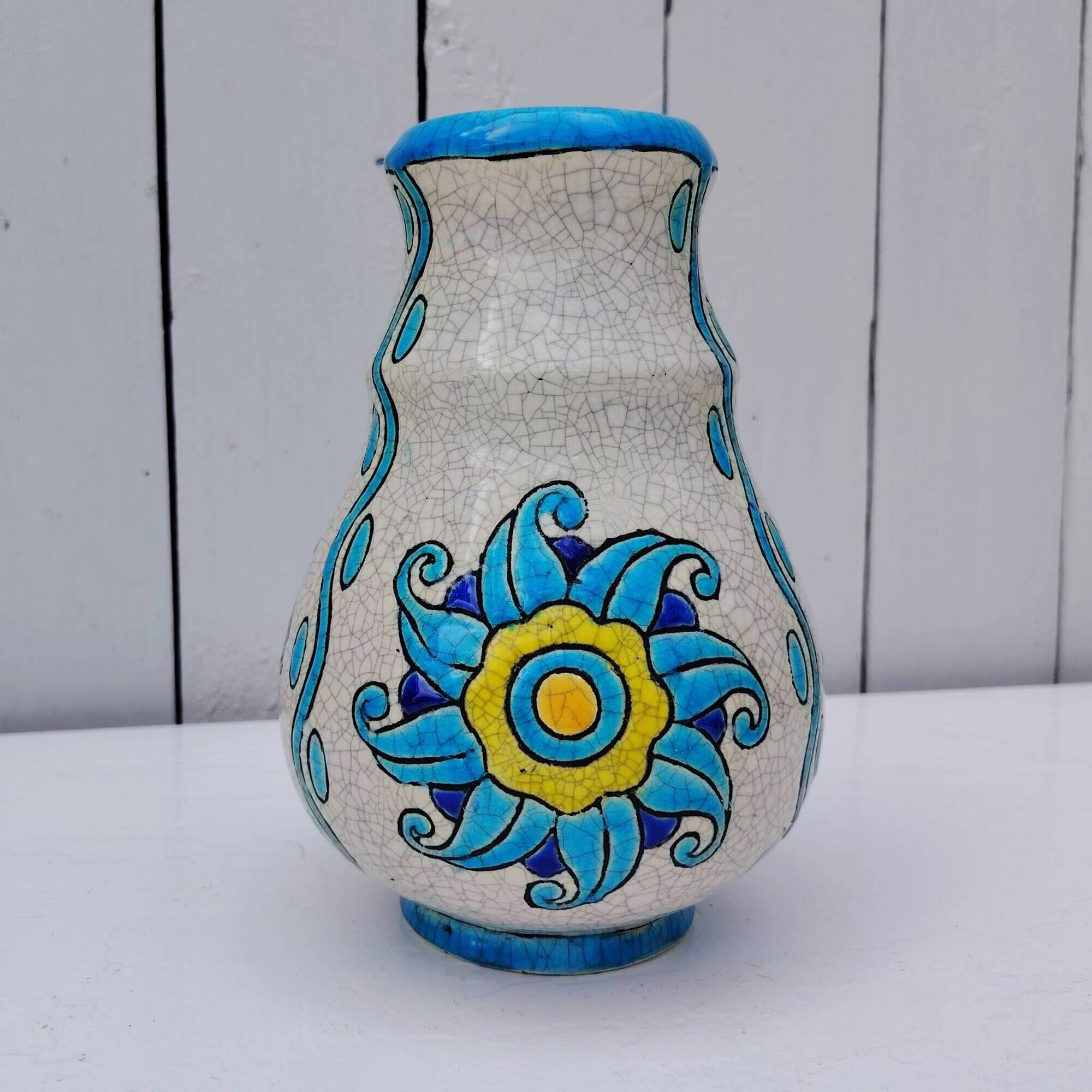 Glazed earthenware vase, floral/sun decoration, Catteau, Boch