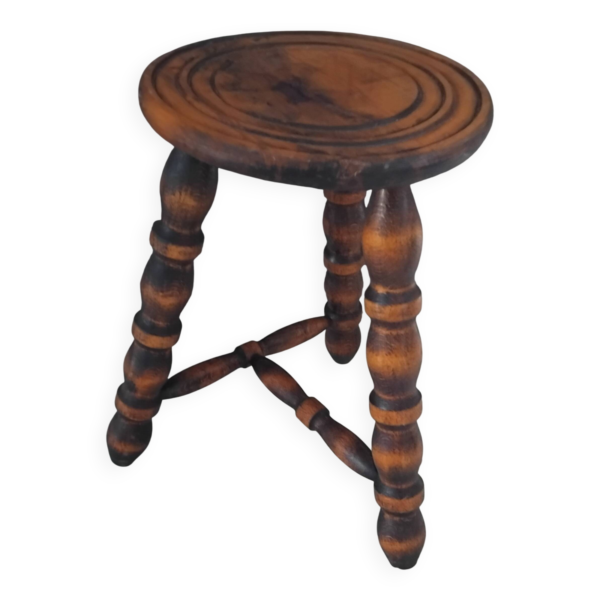Old small vintage solid wood tripod stool farmhouse
