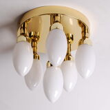 sputnik flush mount, atomic brass ceiling fixture with six opaline cone shaped globes, 1970's