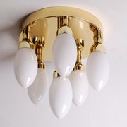 sputnik flush mount, atomic brass ceiling fixture with six opaline cone shaped globes, 1970's