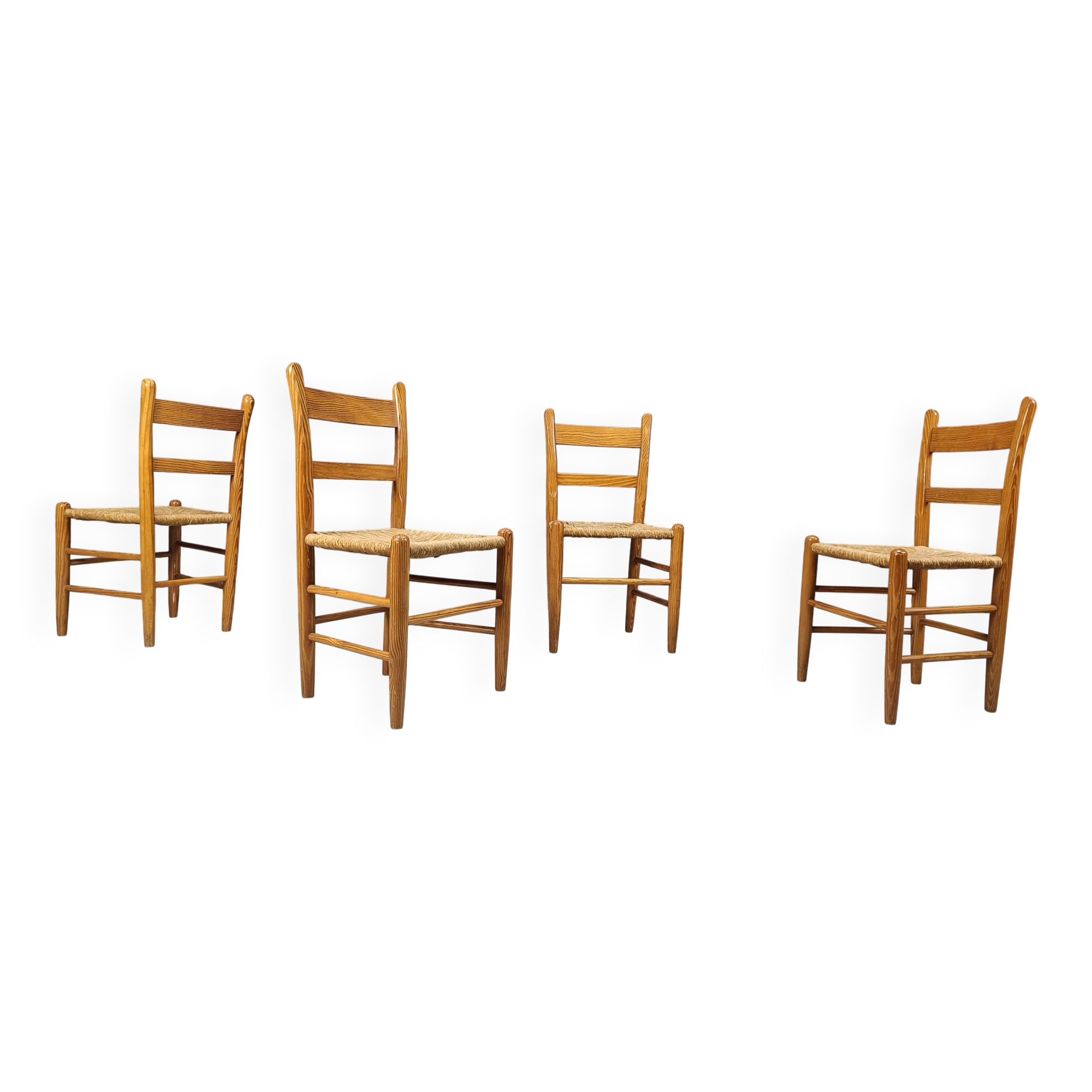 Mid-century oak and wicker dining chairs, set of 4 - 1970s