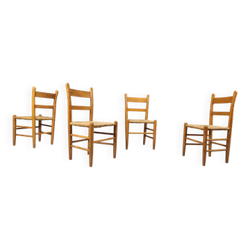 Mid-century oak and wicker dining chairs, set of 4 - 1970s
