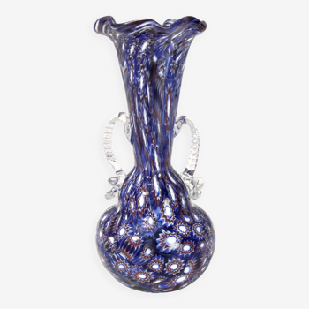 Vase en verre de Murano bleu attribuable à Fratelli Toso avec Murrines, Italie