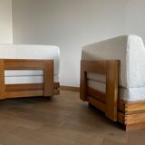 Pair of solid elm low chairs from Maison Regain, 1960