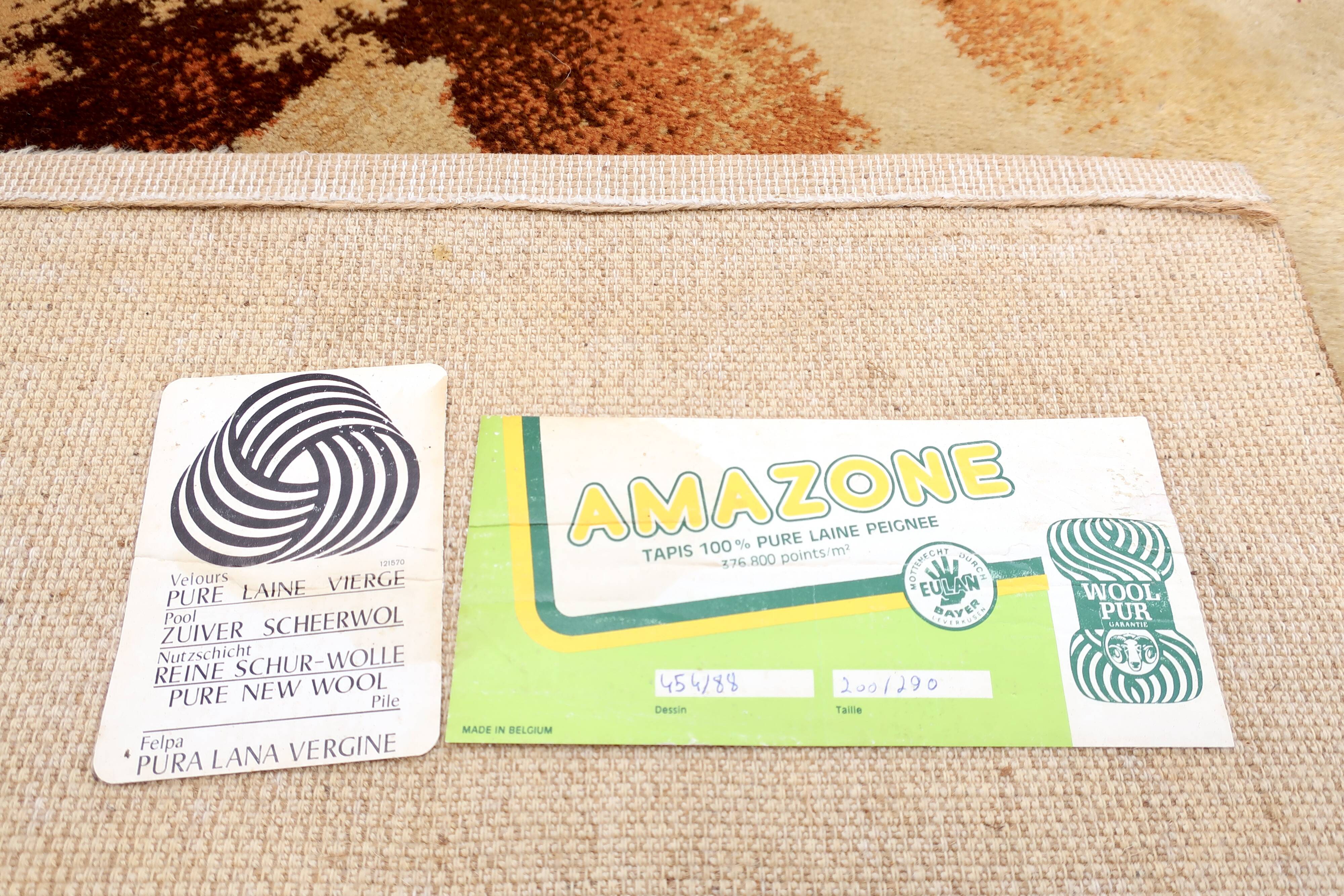 Designer Rug 1970's Pure Wool Velvet, "Amazone" Belgium, 2m x 2.90m, TBE