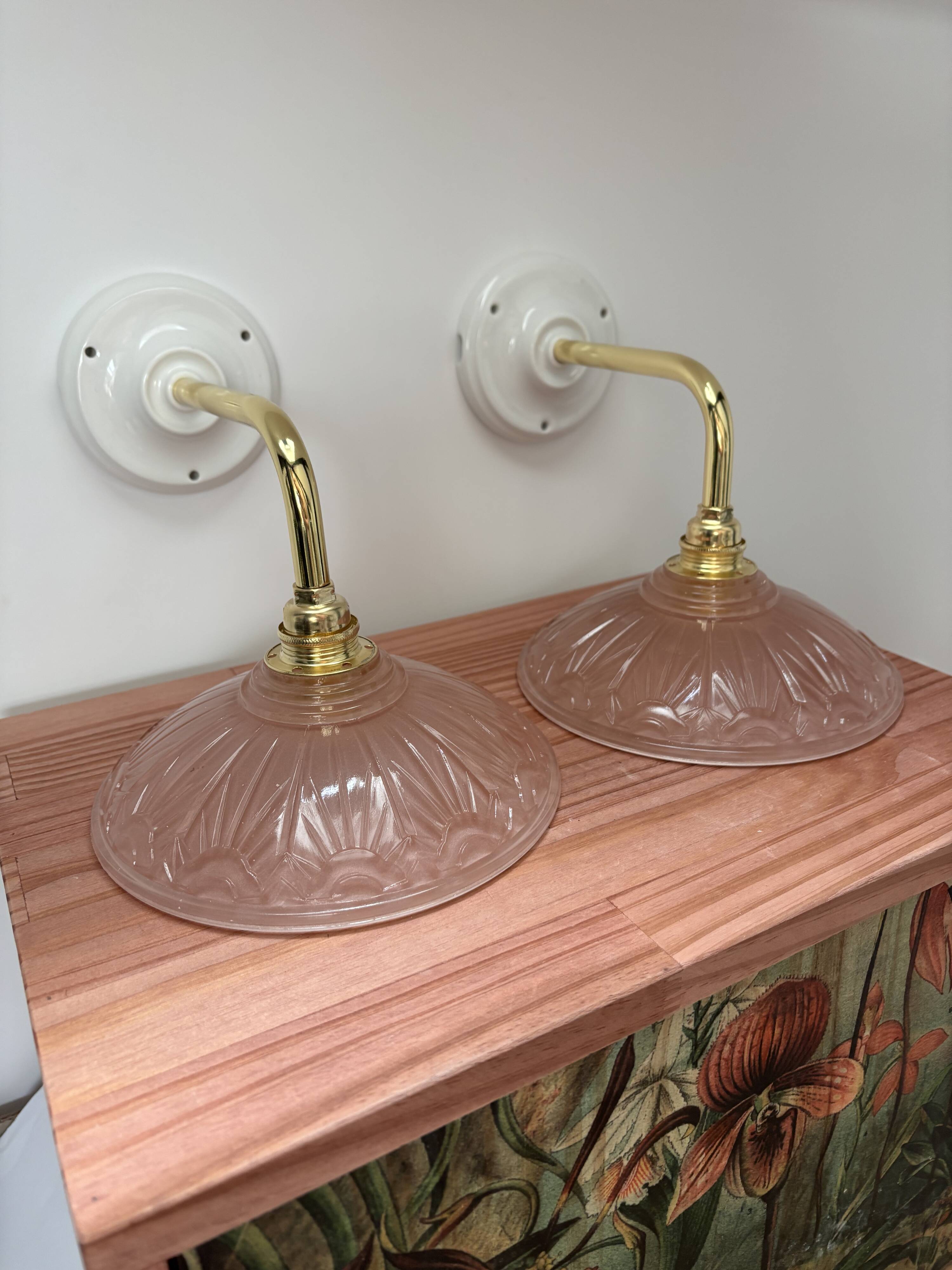 Vintage pink Art Deco glass wall lights