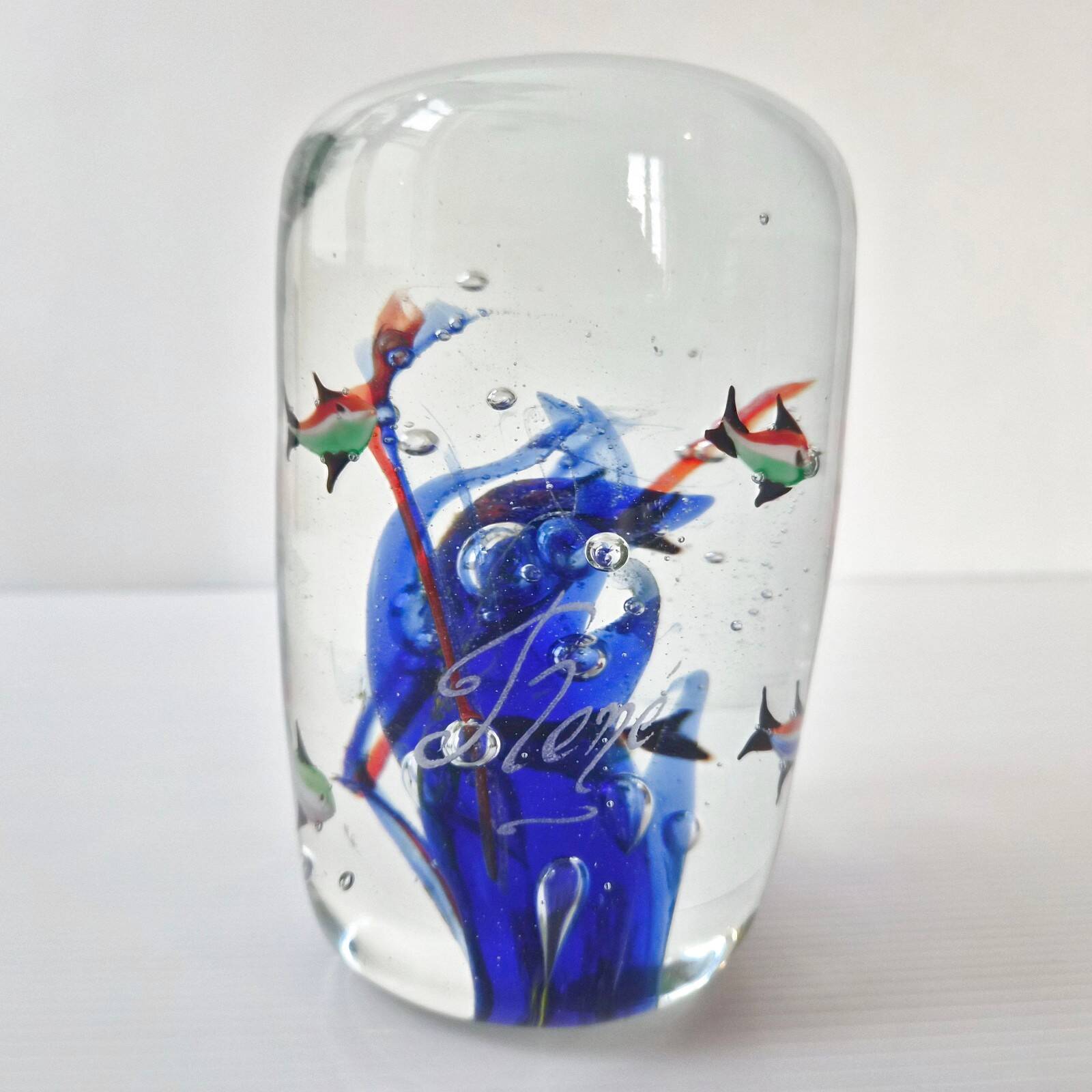VINTAGE 1980 SULFUR PAPERWEIGHT AQUARIUM IN MURANO GLASS SIGNED RENE 8