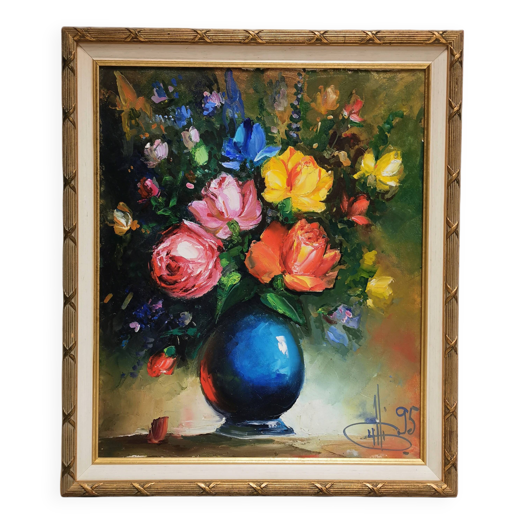 Painting / oil on canvas bouquet of flowers golden frame