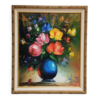 Painting / oil on canvas bouquet of flowers golden frame