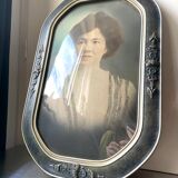 Cadre photo géant antique v argenté et bleu, peint à la main en noir et blanc, portrait antique d'une dame avec verre à bulles convexe cadre 53 cm x 35 cm
