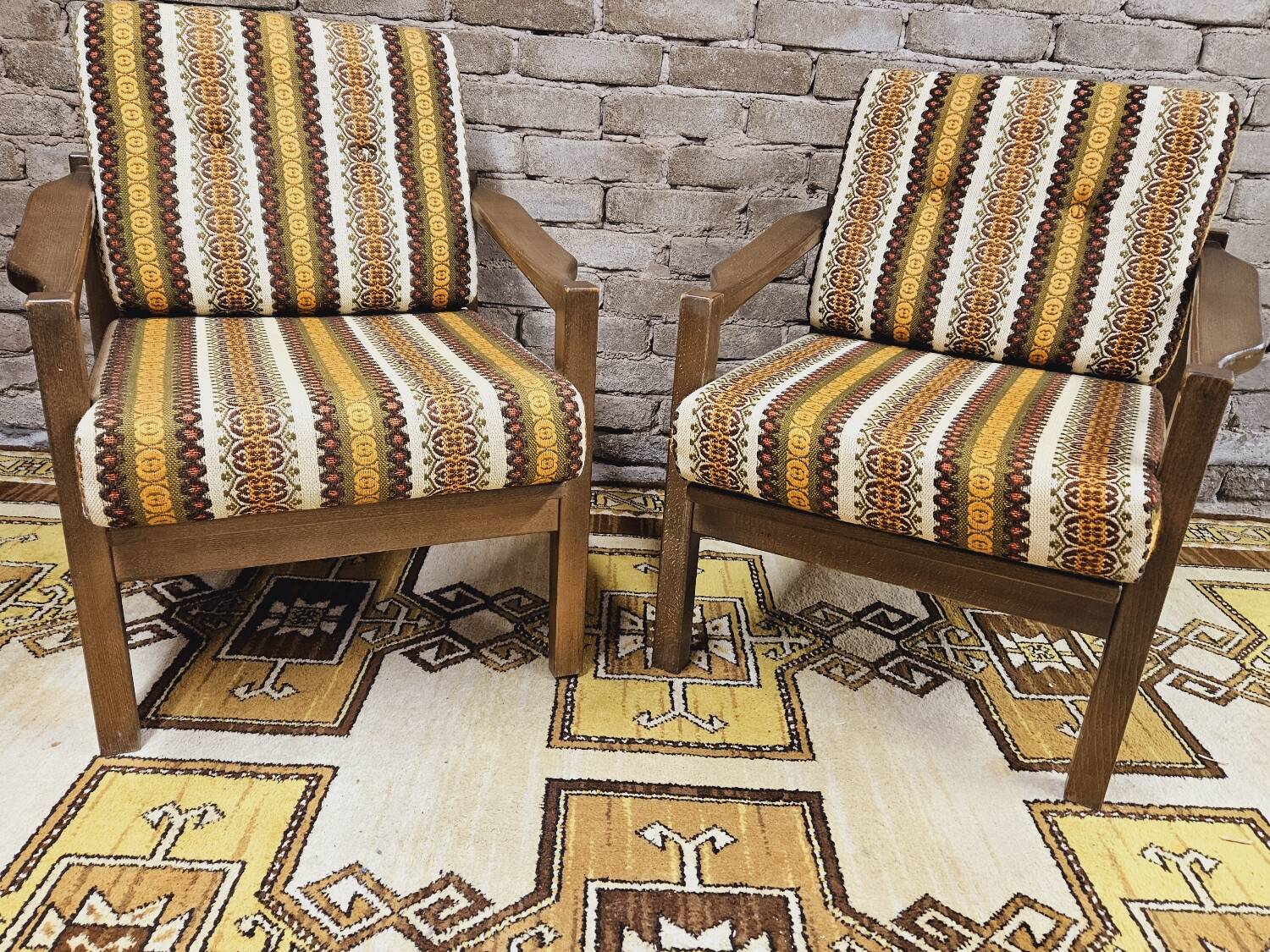 Pair of vintage Scandinavian armchairs with 2 Ottoman stools 1970